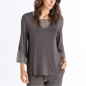 $158 NWT Hanro “Aria” Lace Trim 3/4 Sleeve Sleep Top in Winter Grey Sz X-Small